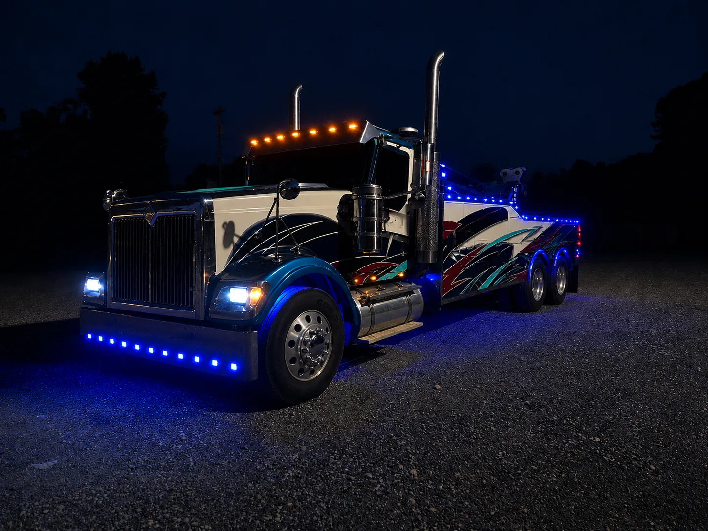Cleveland Towing & Recovery’s heavy wrecker parked at night with its cab and body lights on